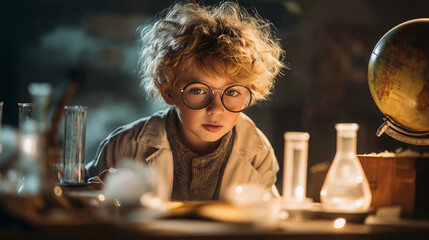 Young boy experimenting with beakers and globe in a science lab  