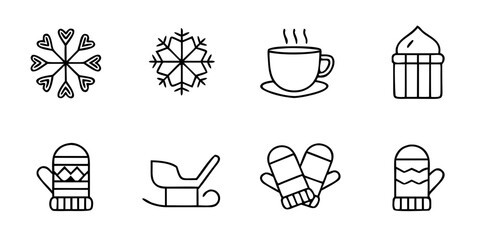 Naklejka premium Winter-themed icons including mittens, snowflakes, and hot cocoa 