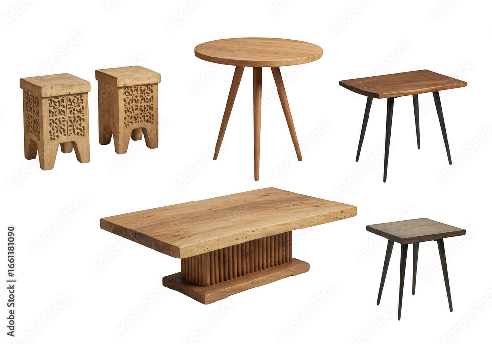 Poster collection of various wooden tables and stools with intricate designs, isolated on transparent backg