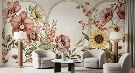 Ai generated image of charming floral wallpaper with arches and diverse blooms decorates a cozy living room