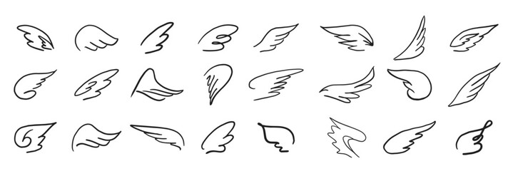 Set of decorative ornaments of wings hand drawn in doodle style