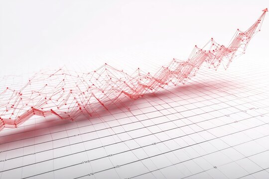 Red, abstract, 3D graph ascends on grid; data visualization
