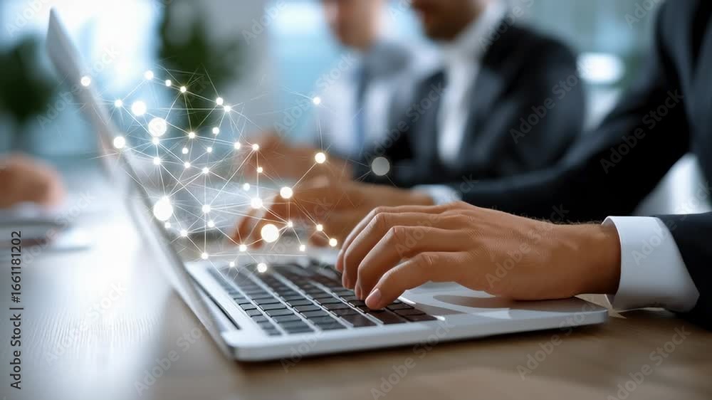 Poster hands typing on laptop while collaborative network overlay appears above. modern office environment 