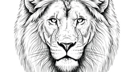Detailed black and white illustration of a majestic lion's head with a full mane, facing forward, showcasing intricate line art.