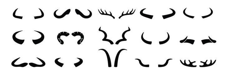 Set of different animal horn silhouettes on white background 
