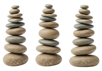 Three balanced stacks of smooth pebbles, symbolizing zen and harmony, isolated on a transparent background