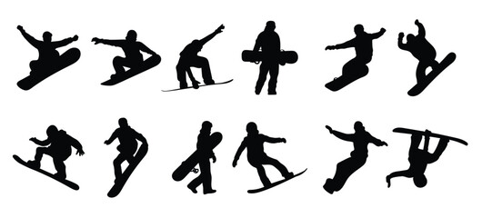 Set of illustrations of snowboarding silhouettes