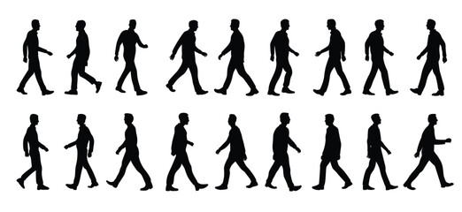 Set of illustrations of walking man silhouettes side view