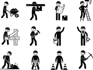 Obraz premium Collection of diverse construction workers performing various manual labor tasks and using tools on a white background