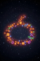 Halloween Neon Pumpkins Circle with Spooky Icons in Starry Night Sky
