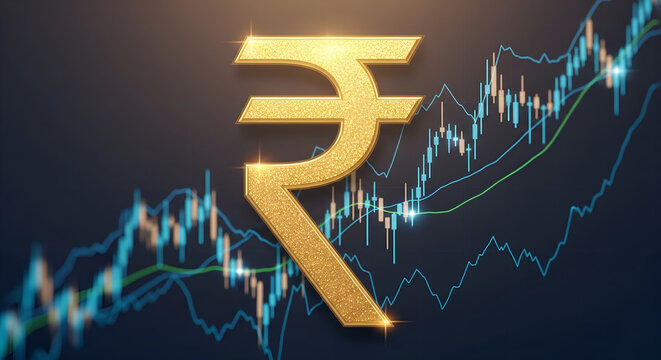 Golden Indian Rupee Sign Over Stock Market Chart