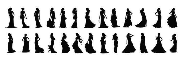 set of silhouettes of woman in a dress. standing pose. isolated background. 