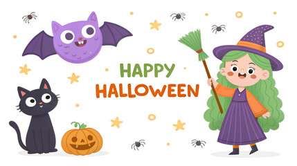Naklejka premium Cute halloween characters with happy halloween text and decorations