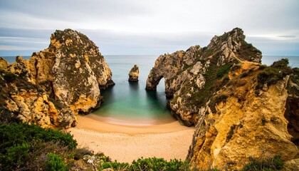 Sandy Channel Dividing Two Rocky Promontories Under a Cloudy Sky, famous rock formation in a bay on the beach, Generated with AI.