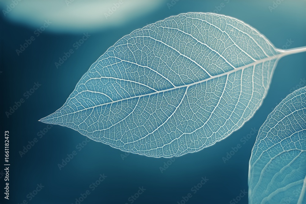 Poster delicate translucent leaves showcasing intricate vein patterns in a calming turquoise background.