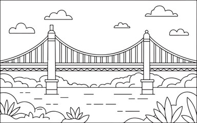 Fototapeta premium Scenic Outdoor Bridge Illustration with Water, Clouds, and Sun, Hand-drawn Architecture Art