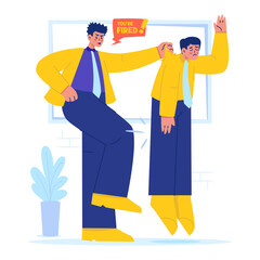 Angry boss kicked out fired male employee vector illustration