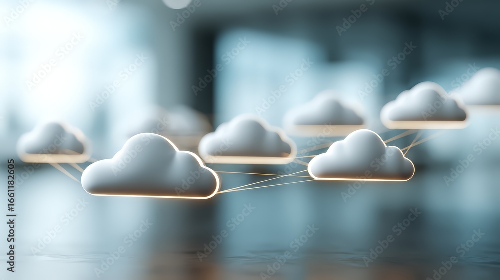 Poster abstract illustration of connected clouds representing cloud computing technology.