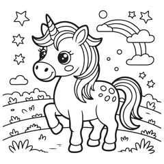 Happy Unicorn with Rainbow and Clouds - Kids' Magical Creature Art