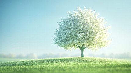 Naklejka premium A green tree with white leaves, simple background, 3D cartoon style, solid color background, cute shape, green grassy field under the base of the tree
