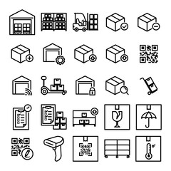 Black Outline Icons Showing Shipping Logistics and Warehouse Management