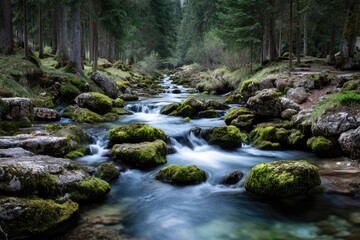 Mountain stream, mossy rocks, lush forest