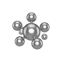 Molecule concept illustration consisting of shiny silver jewelry with atom structure design isolated on white background