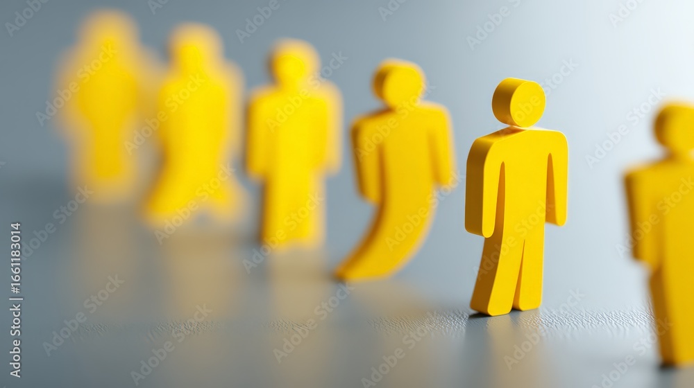 Poster abstract representation of teamwork using yellow figures in a line formation.