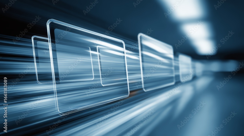 Poster abstract technology background with light trails and digital frames depicting innovation.