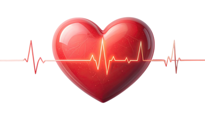 Red heart icon with electrocardiogram line, isolated on white background, healthcare and cardiology concept