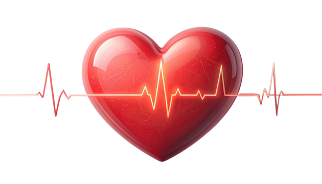 Red heart icon with electrocardiogram line, isolated on white background, healthcare and cardiology concept