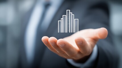 Businessman presenting financial growth concept with hand and graph icon.