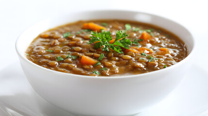 High Resolution Image of Delicious Lentil Soup Garnished with Fresh Herbs and Vegetables