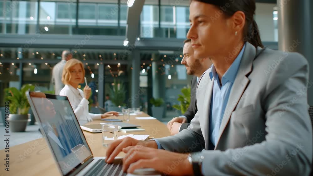 Poster business team engages in data analysis with charts displayed on laptop. modern office setting with c