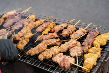 Fresh pork skewered on a charcoal. Thailand traditionally food, Thailand street food, pork are grill with sweet sauce.
