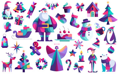 Surreal psychedelic Christmas vector set with Santa, snowman, gifts and aurora borealis neon style holiday design, Surreal Psychedelic Vector