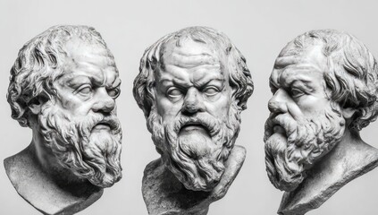 Obraz premium Three Grecian philosopher busts, carved in marble, serene expressions