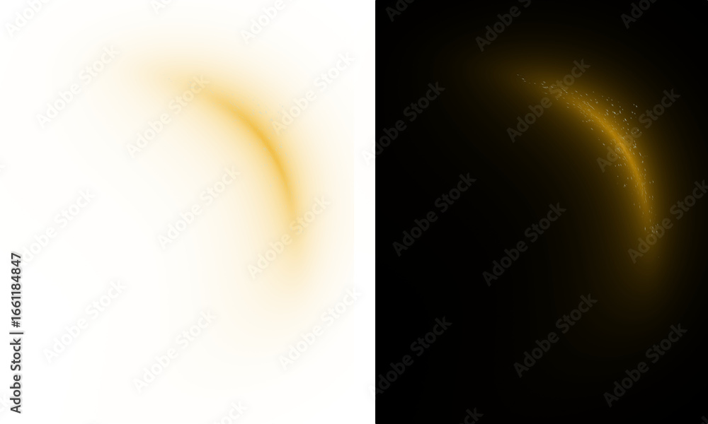 Poster luminous golden light arc with subtle particle trail on transparent background