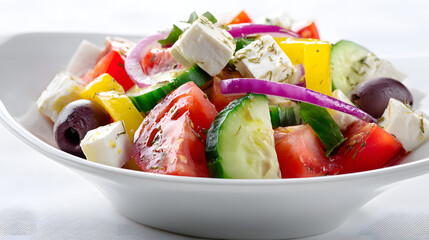 Colorful High-Resolution Greek Salad with Fresh Vegetables and Feta Cheese on a White Background