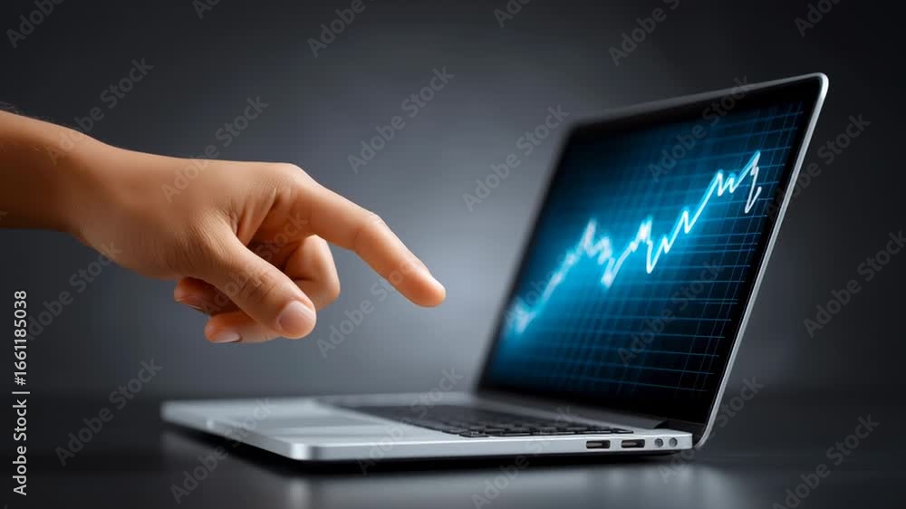 Poster finger points at laptop screen displaying upward trend line reflecting data analysis. modern digital