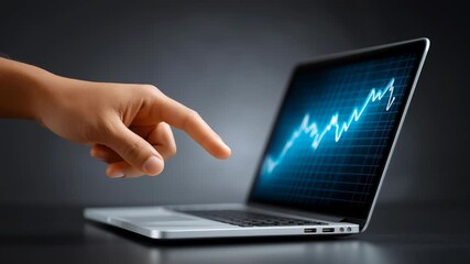 Finger points at laptop screen showing upward trending digital graph. Modern and sleek workspace highlights analysis and data interpretation. Concept of finance, business strategy, analytics - Powered by Adobe