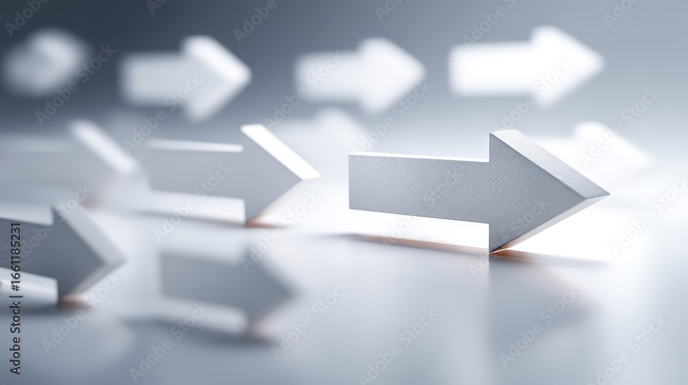Poster dynamic white arrows on a soft gradient background symbolizing direction and focus.