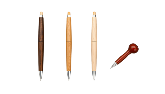 Collection of Elegant Wooden Pens and a Red Push Pin