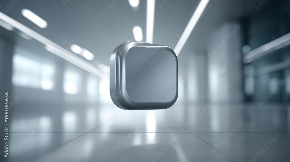 Poster futuristic floating cube in a sleek, modern environment with ambient lighting.