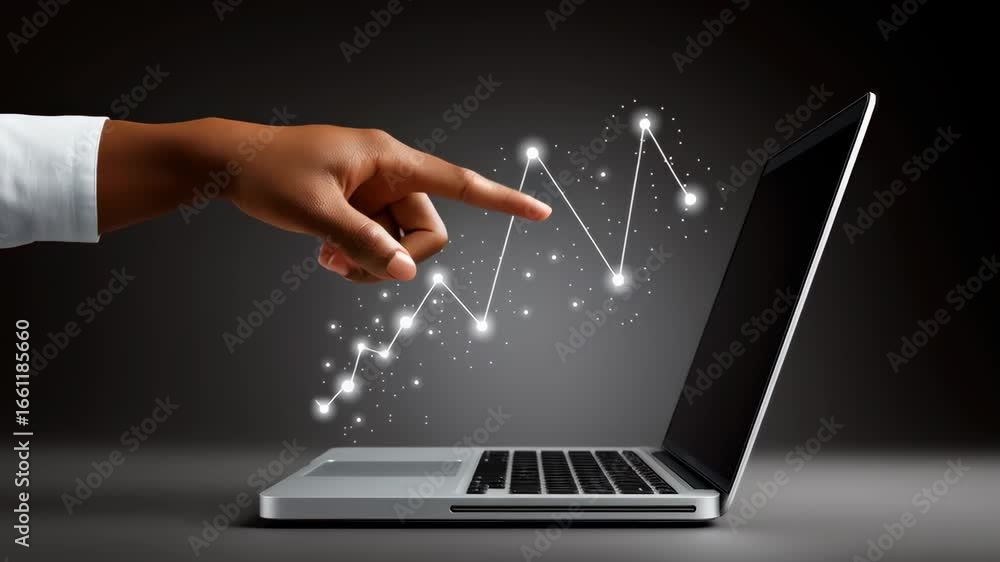 Poster finger points at laptop screen displaying growth indicators in dark setting. clear focus on technolo