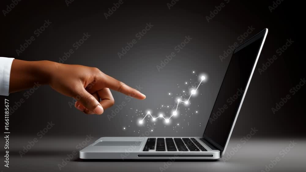 Poster finger points towards laptop screen showing increasing trend line made of sparkles. dark background 