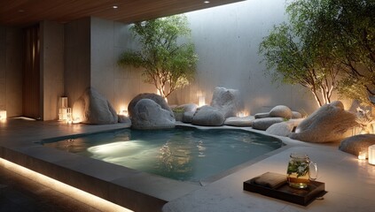 and keyword list based on the image you provided, following the constraints you specified

 Pool View Stones & Trees in Indoor Zen Spa Retreat, with Candles Light