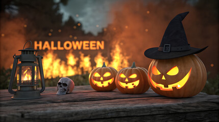 Spooky halloween night with carved pumpkins and a bonfire