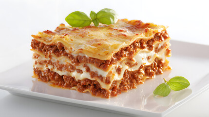 High Resolution Image of Traditional Italian Lasagna with Layers of Pasta, Meat, and Cheese on White Plate