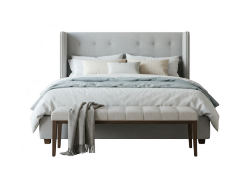 Modern upholstered bed with plush bedding and a decorative bench, creating a comfortable and elegant bedroom sanctuary isolated on transparent background